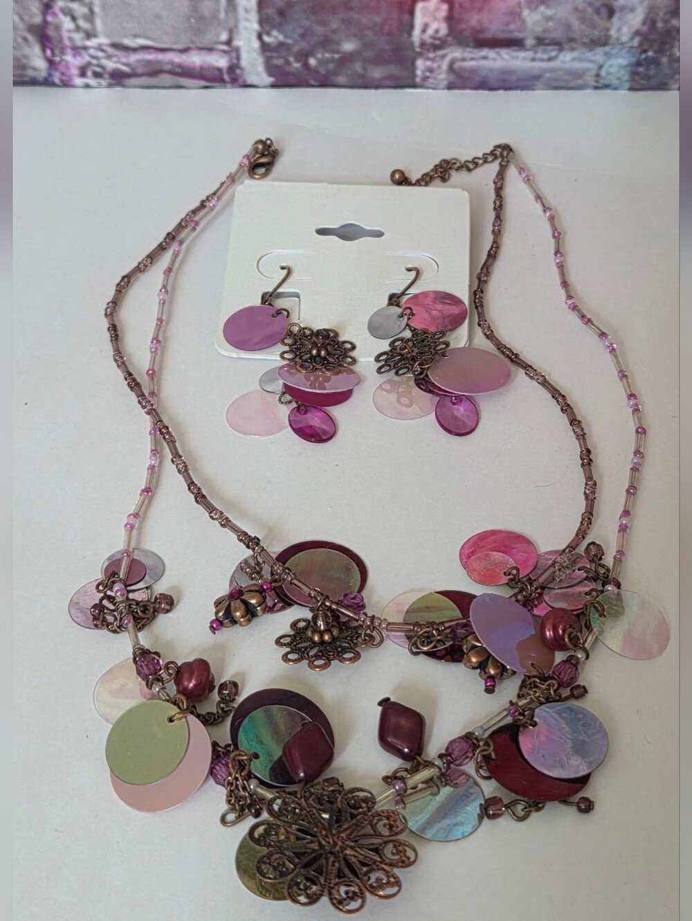 Pink Multi-Disc Layered Necklace and Earring Set